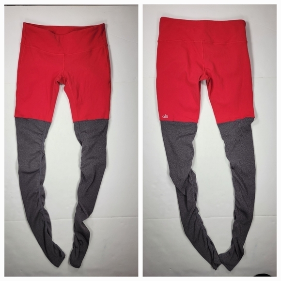 Alo Yoga S/M Goddess Ribbed Leggings Mid Low Rise Red Gray Women's - Picture 1 of 8